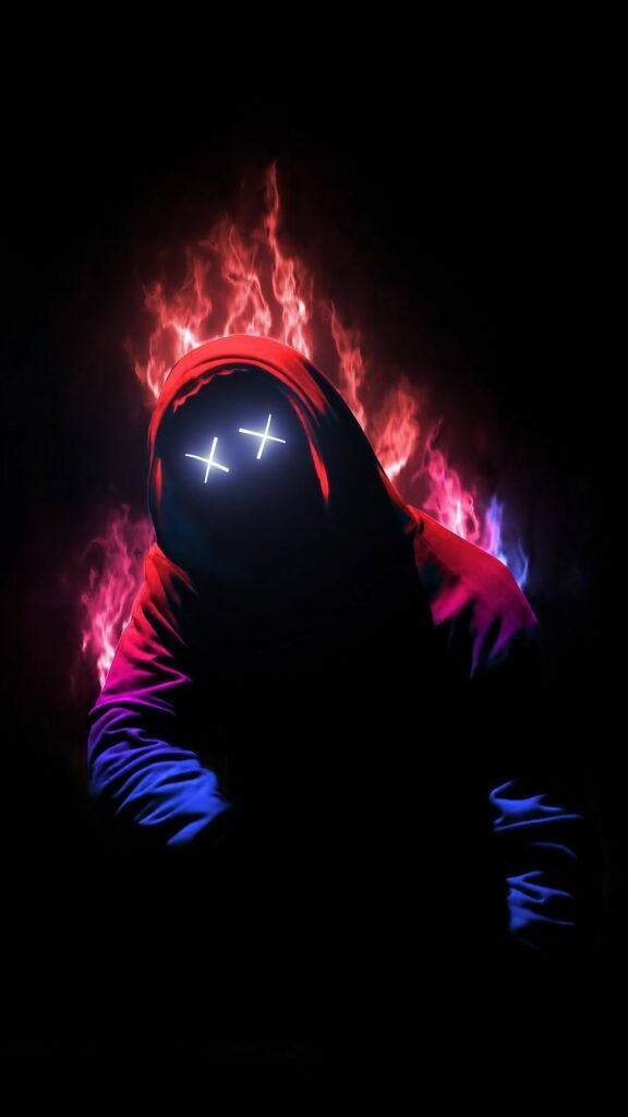 Hooded figure with glowing white X eyes amid red purple fire digital art phone wallpaper