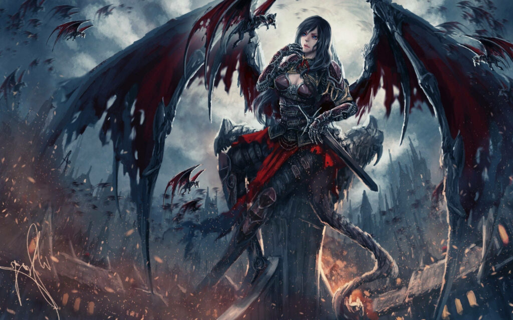Fearless Dragon Tamer: The Sultry Demon Girl and Her Flock of Fire-breathers Take Over the Night Wallpaper