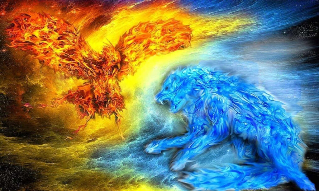 Dynamic Clash of Fiery and Water Wolves - Mythical Creature Wallpaper