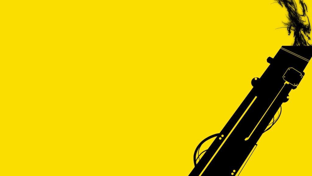 Minimalist black gun silhouette with smoke on vibrant yellow background modern wallpaper