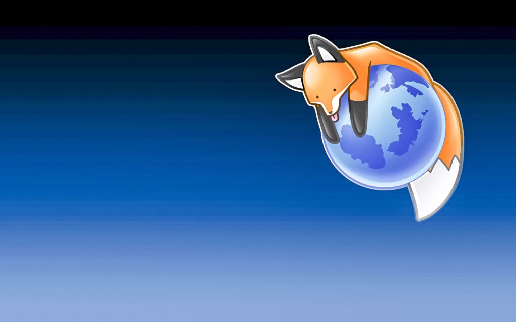 Firefox mascot circling blue globe on sleek gradient background symbolizing fast browsing Wallpaper
