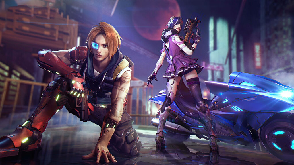 Explosive Duo: Free Fire's Fiery Figures Strike a Pose with Guns and a Revved-Up Ride Wallpaper