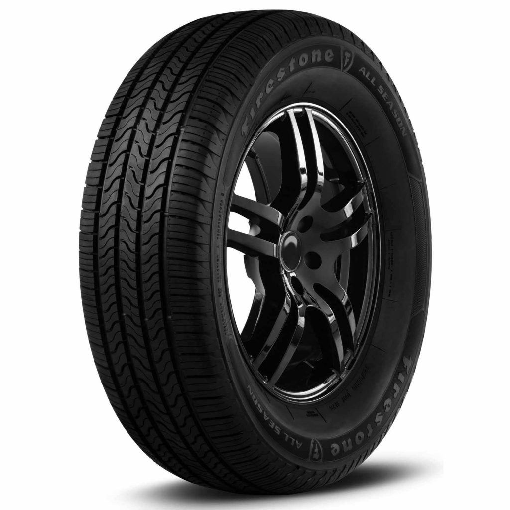 Firestone All Season tire on black alloy rim detailed tread clean white background studio shot Wallpaper