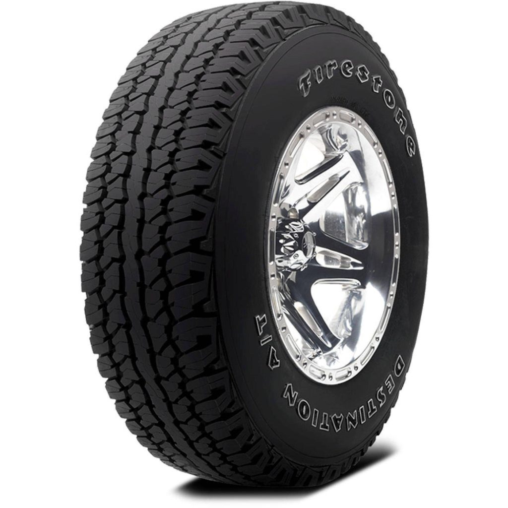 Firestone Destination A/T all-terrain tire on polished silver chrome wheel studio shot white background Wallpaper