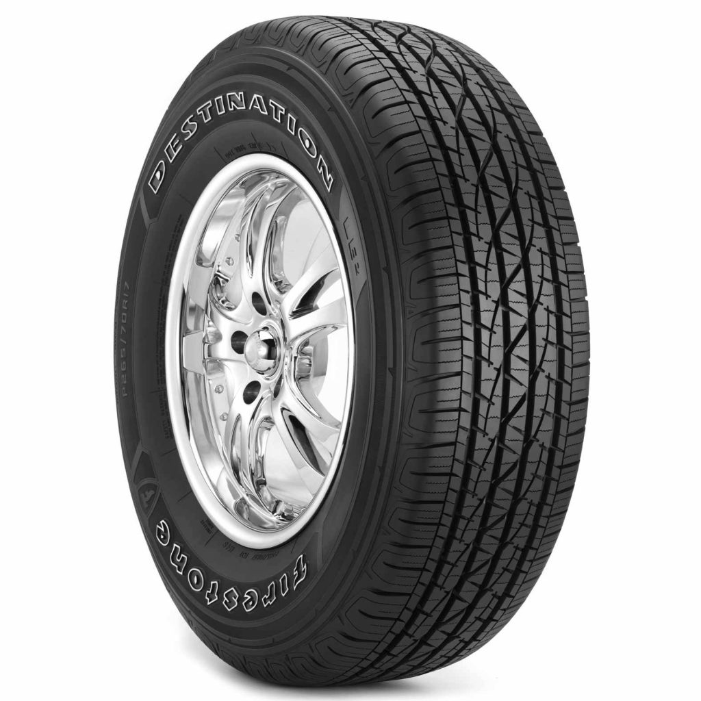 Firestone Destination tire P265 70R17 on polished chrome wheel with rugged tread close-up Wallpaper