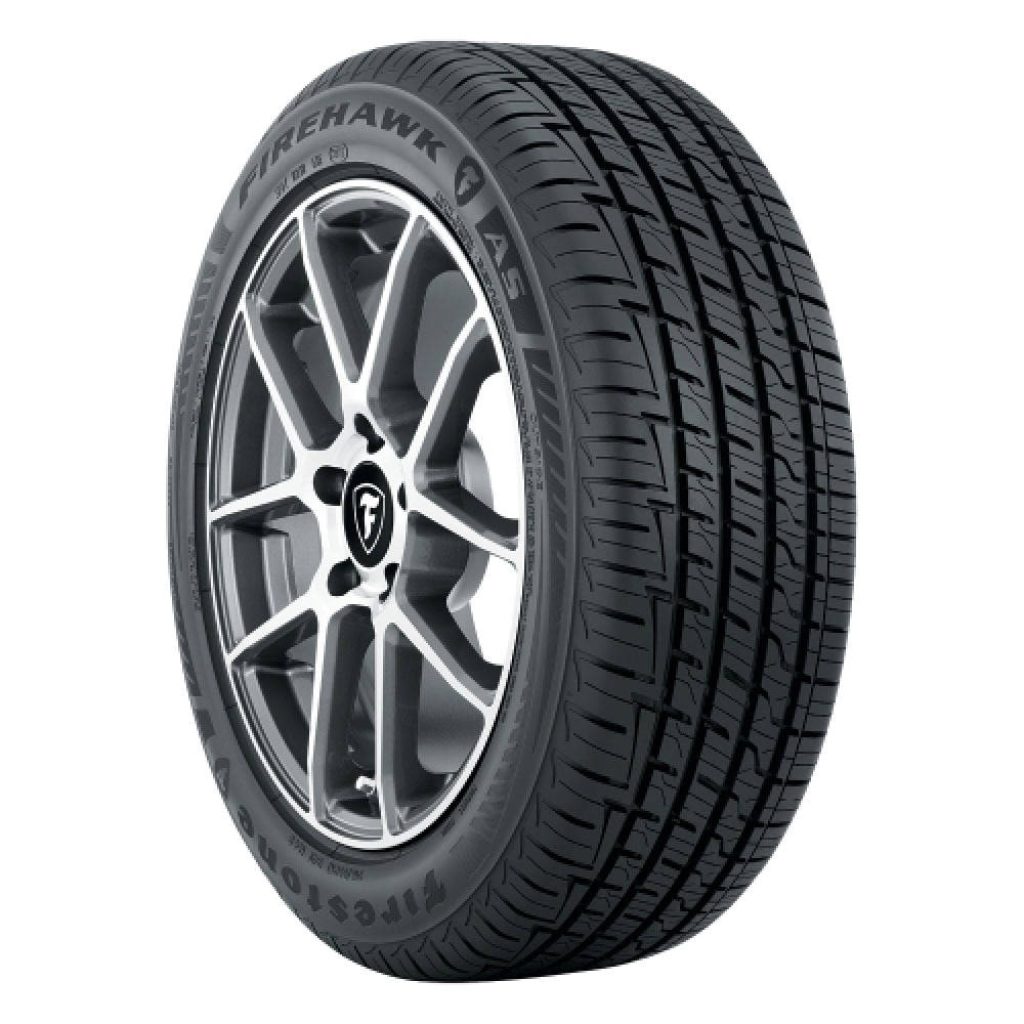 Firestone Firehawk AS tire on silver multi-spoke alloy rim showing detailed tread pattern Wallpaper