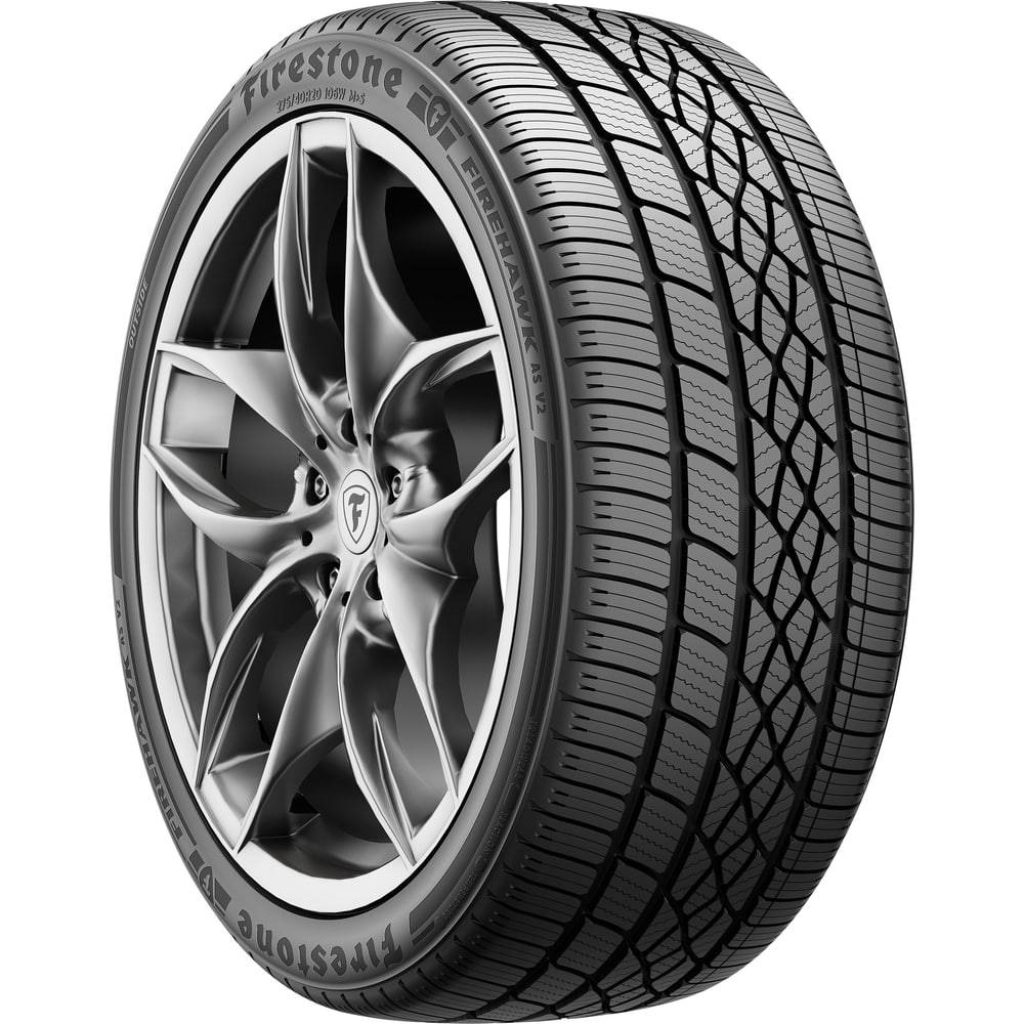 High-resolution Firestone Firehawk AS V2 tire with detailed tread and sleek alloy wheel studio shot Wallpaper