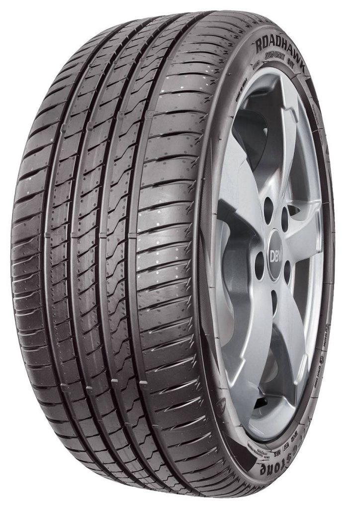 Firestone Roadhawk tire on silver DBV alloy wheel detailed tread studio shot white background Wallpaper