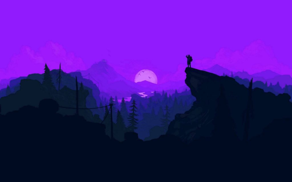 Firewatch inspired 4K wallpaper lone backpacker on cliff overlooking violet valley forest sunset