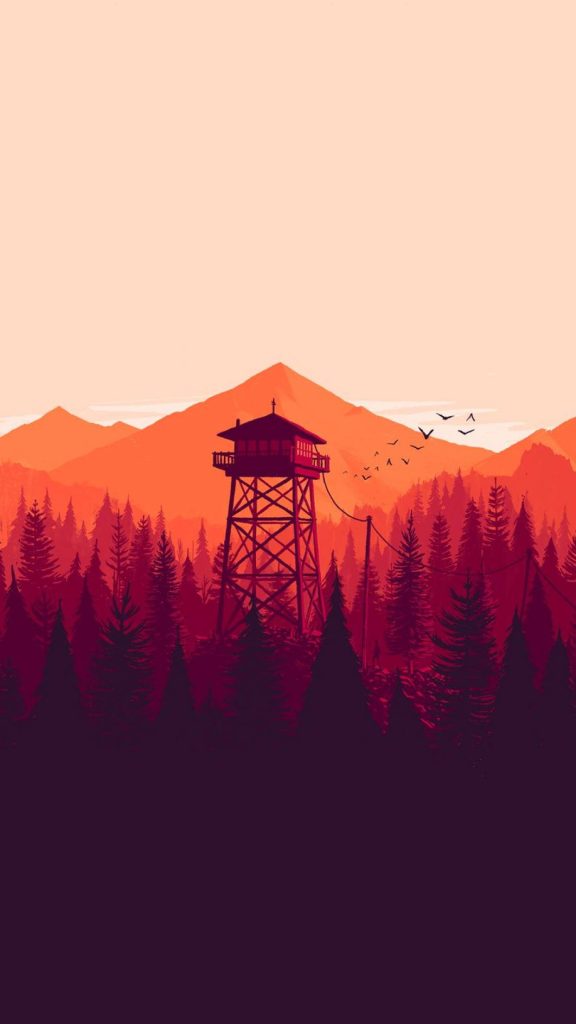 Stylized Firewatch fire lookout tower in pine forest with warm sunset mountains wallpaper