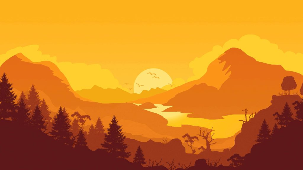 Firewatch-inspired sunset wallpaper with orange mountains river and pine forest wilderness scenery