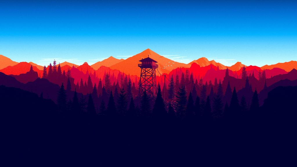 Minimalist Firewatch wallpaper with lookout tower above forest silhouette at sunset sky