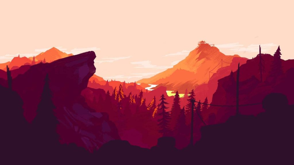 Minimalist Firewatch wallpaper with lookout tower on sunlit mountain peak and vibrant sunset