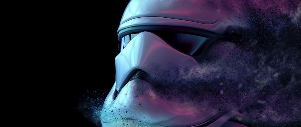 Ultrawide Star Wars Stormtrooper helmet disintegrates in blue purple synthwave dust on black background Wallpaper