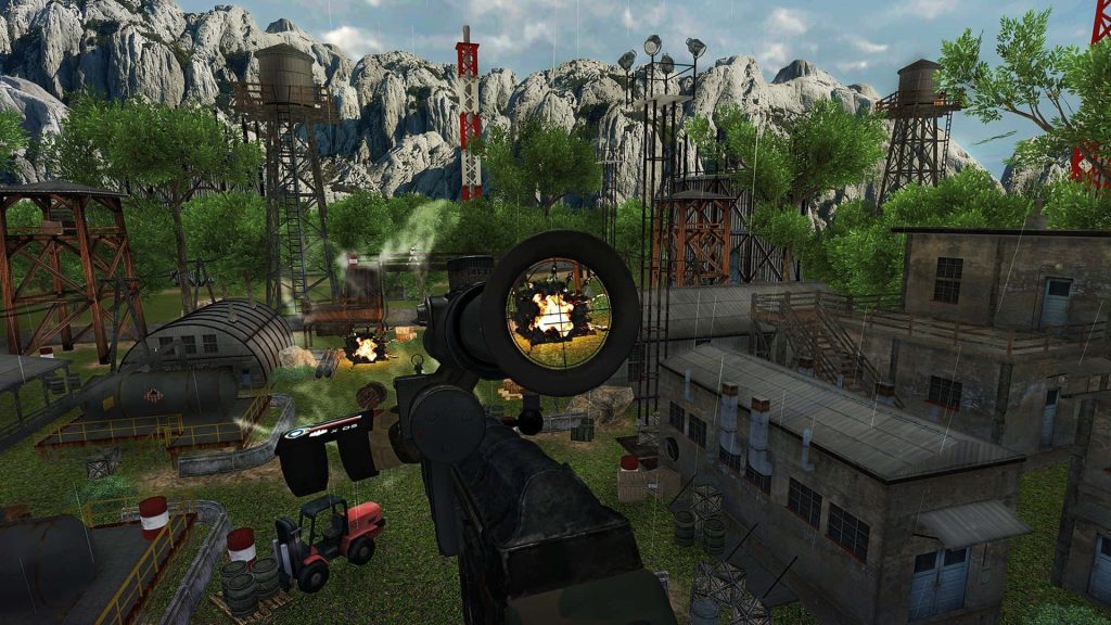 First-person sniper game wallpaper showing fiery explosion through rifle scope in military base