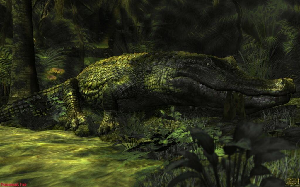 Jungle Encounter: Confronting the Crocodile Beast at Fisherman's End Wallpaper