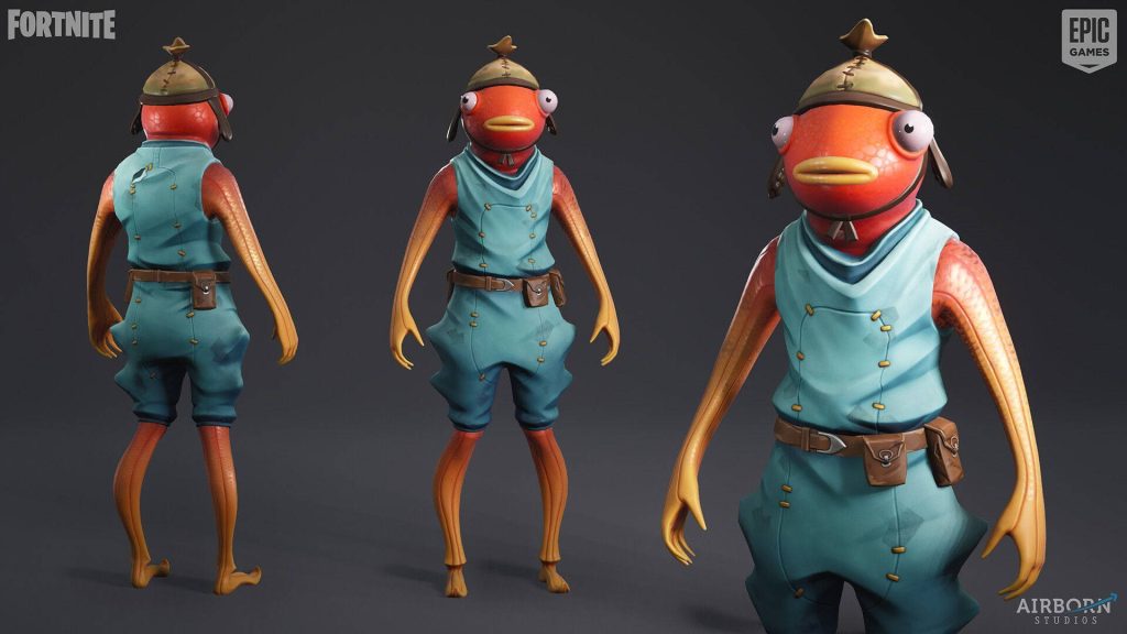 High-quality 3D render of Fortnite Fishstick skin in blue outfit and helmet on dark background Wallpaper