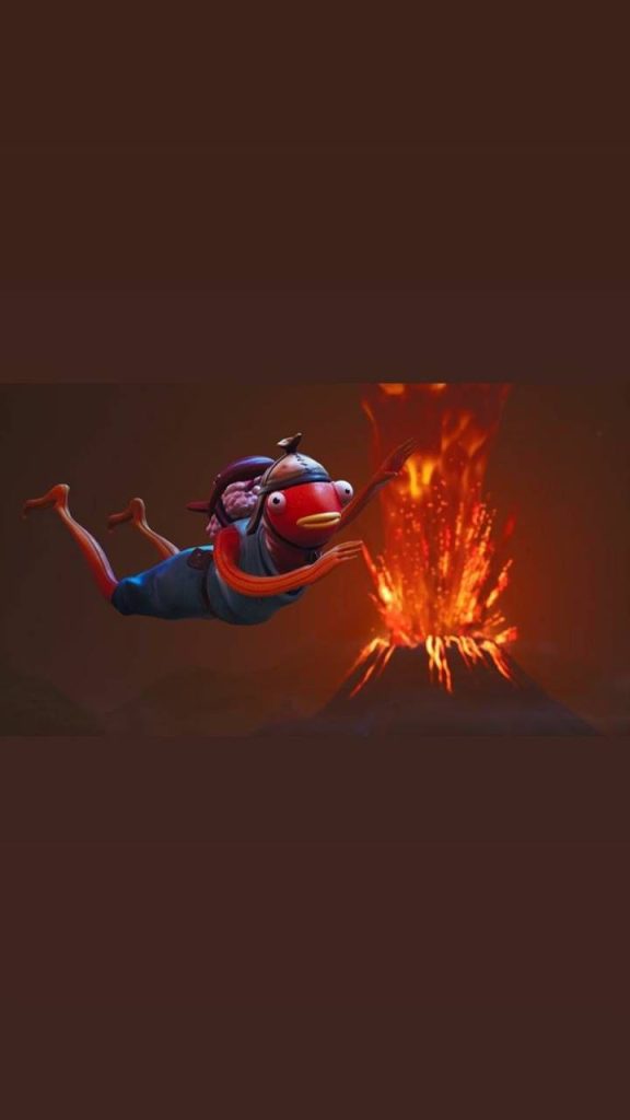 Fishstick Fortnite wallpaper skydiving near erupting volcano with glowing lava and embers