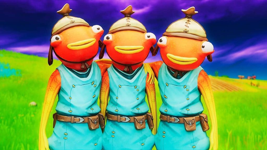 Fortnite wallpaper with three Fishstick characters in blue armor in grassy field under purple sky