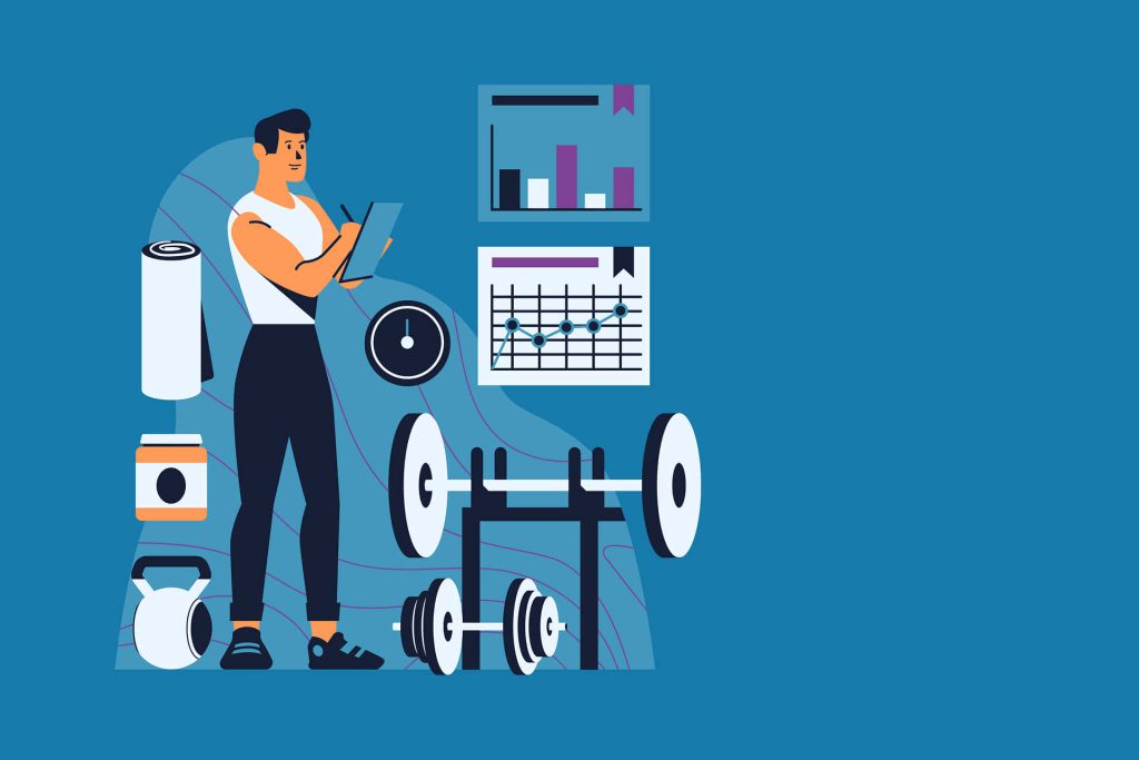 Man tracking fitness progress with clipboard in gym surrounded by kettlebell barbell and charts Wallpaper