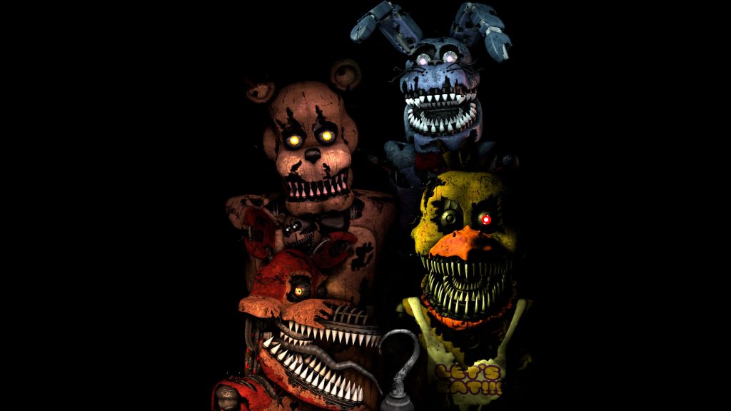 Five Nights at Freddys 4 wallpaper featuring Nightmare animatronics with glowing eyes in shadows