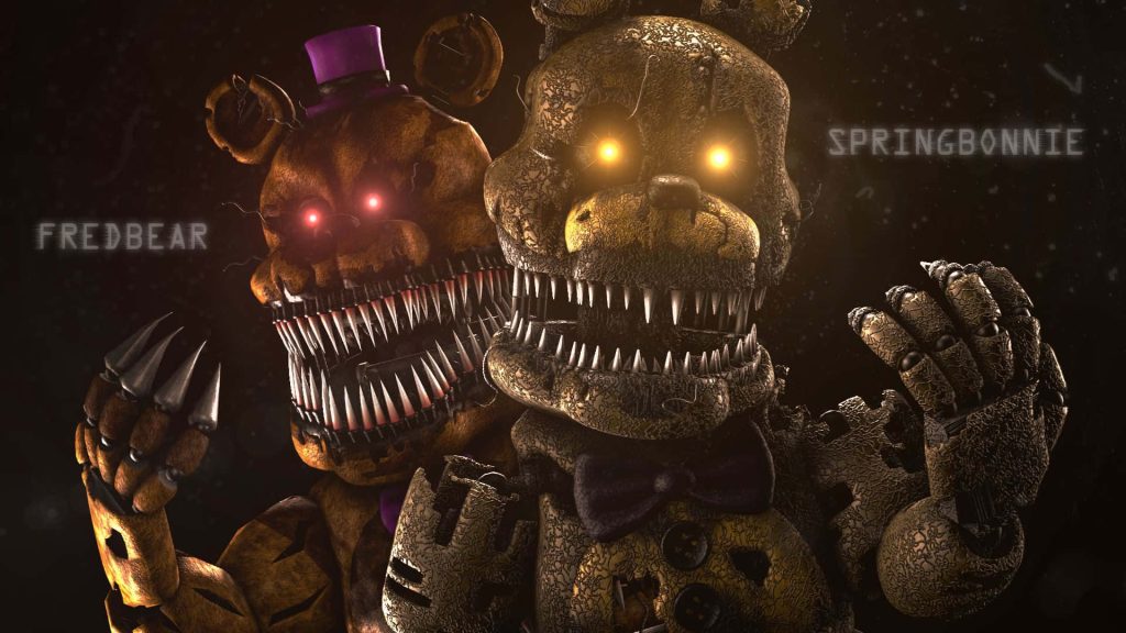 Five Nights at Freddy's 4 wallpaper Nightmare Fredbear and Springbonnie with glowing eyes and teeth