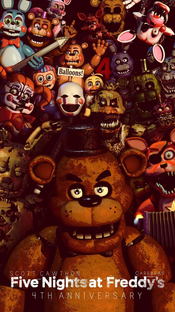 Five Nights at Freddys 4th Anniversary wallpaper featuring Freddy Springtrap Baby and Puppet collage