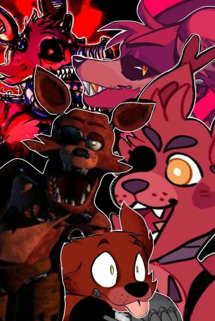 Vibrant red Five Nights at Freddys Foxy wallpaper collage with 3D renders chibi anime art styles