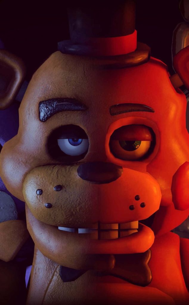 Split-face 3D Freddy Fazbear wallpaper with classic brown and warm red-lit Five Nights at Freddy's animatronics