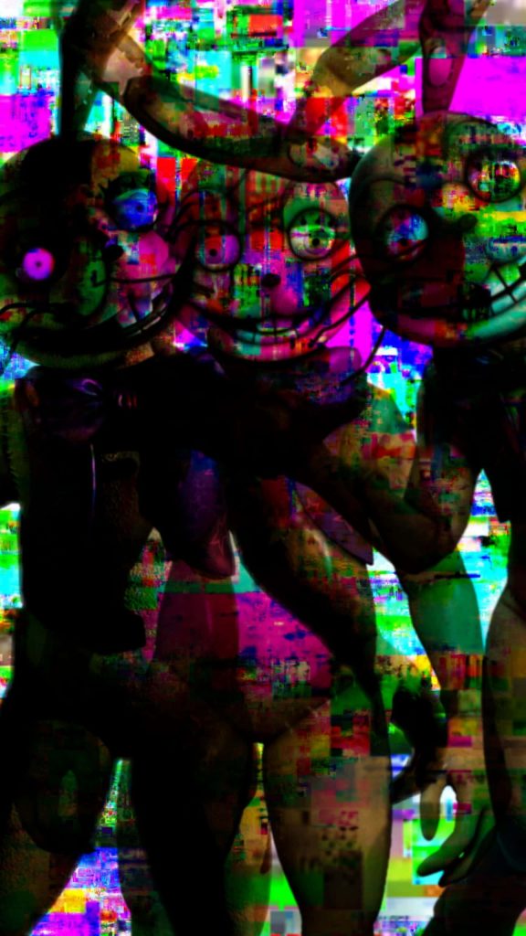 Five Nights at Freddy's Glitchtrap wallpaper with neon glitch effects and distorted horror design