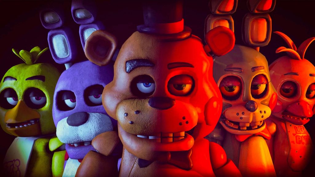 Five Nights at Freddy's horror wallpaper with Freddy Bonnie Chica Springtrap Toy Chica red lighting