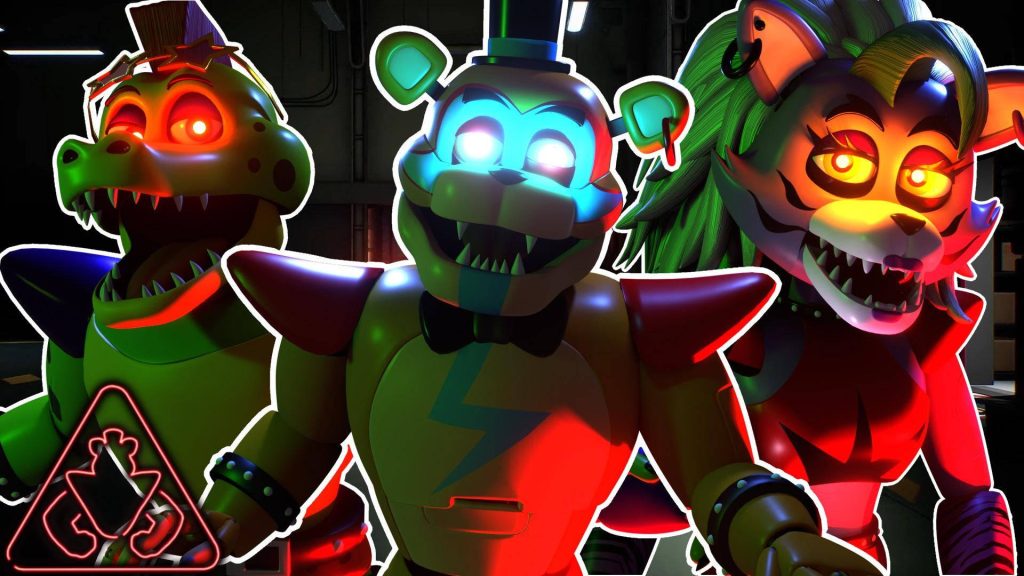 Five Nights at Freddys Security Breach 3D wallpaper with Montgomery Gator Glamrock Freddy Roxanne Wolf