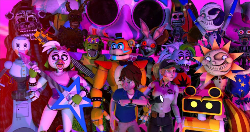 Five Nights at Freddys Security Breach All-Star squad 3D wallpaper with Glamrock animatronics