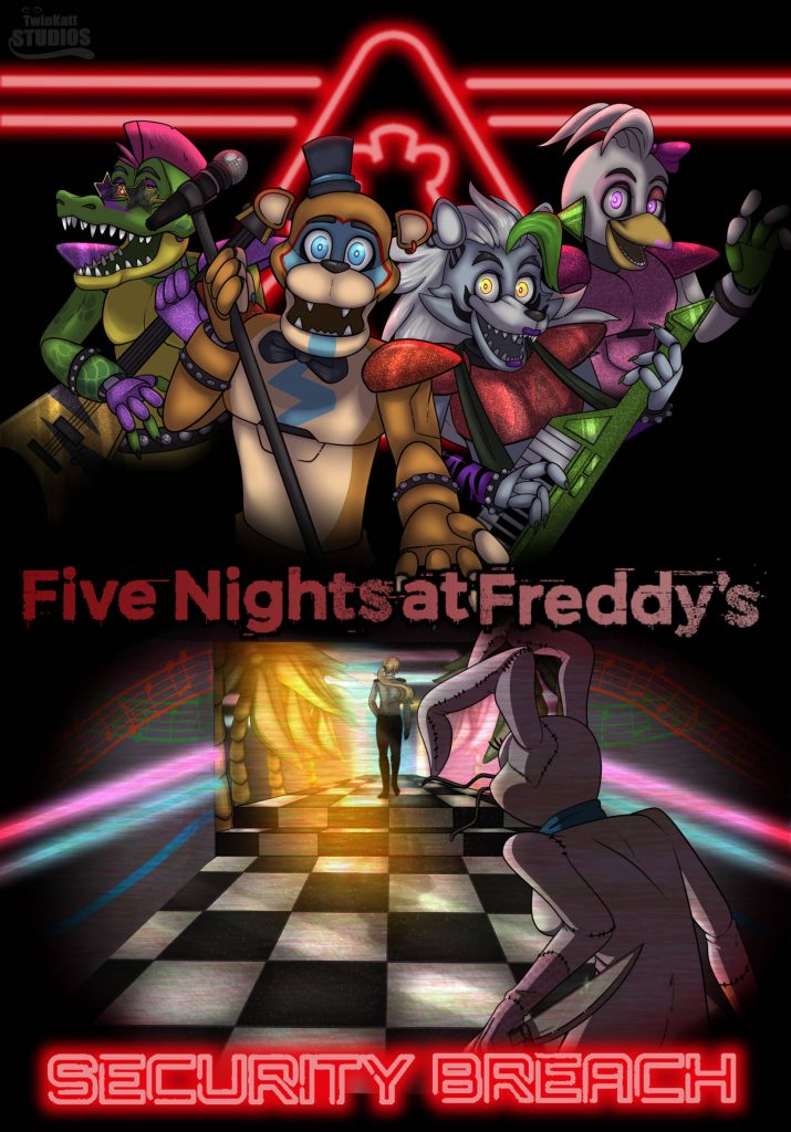 Five Nights at Freddy's Security Breach Glamrock animatronics with Vanny in neon corridor wallpaper