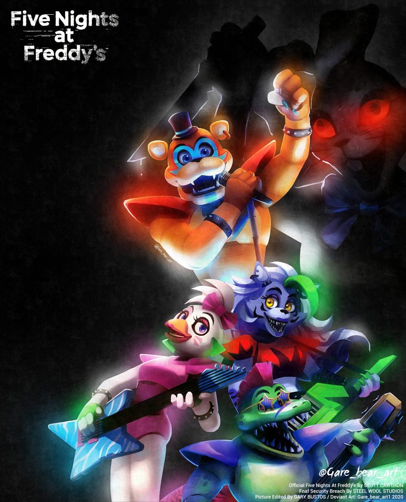 Five Nights at Freddy's Security Breach Glamrock band wallpaper with neon lights and Vanny shadow
