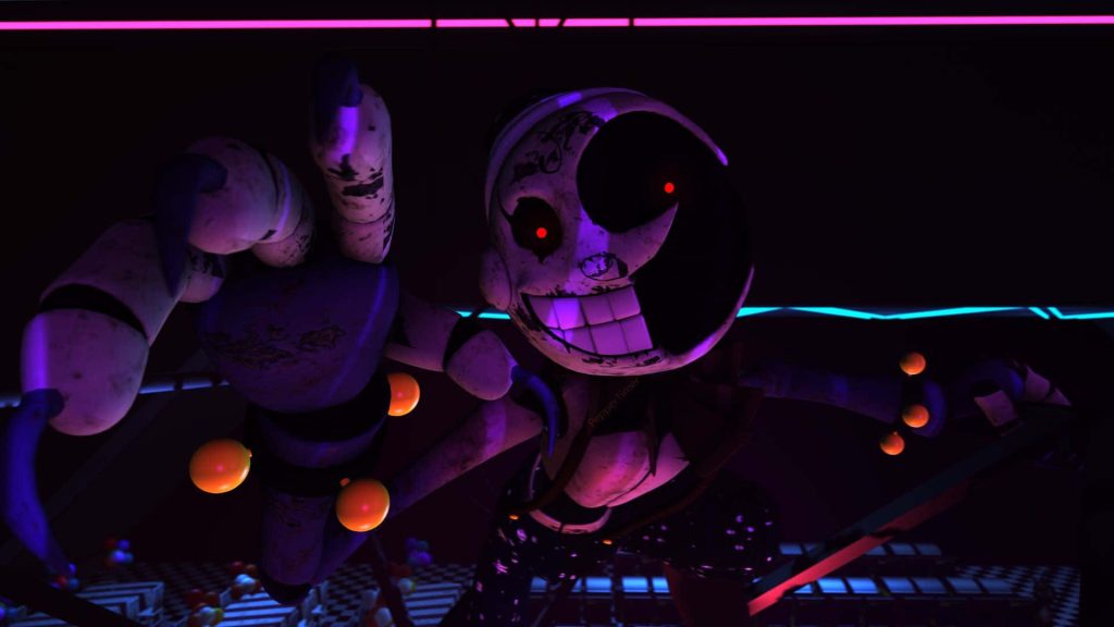 Five Nights at Freddy's Security Breach Moon animatronic glowing red eyes neon horror wallpaper