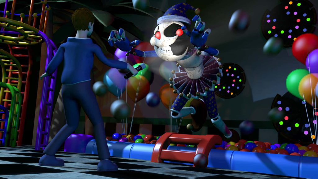 Five Nights at Freddys Security Breach Moondrop animatronic lunges at Gregory in daycare ball pit Wallpaper