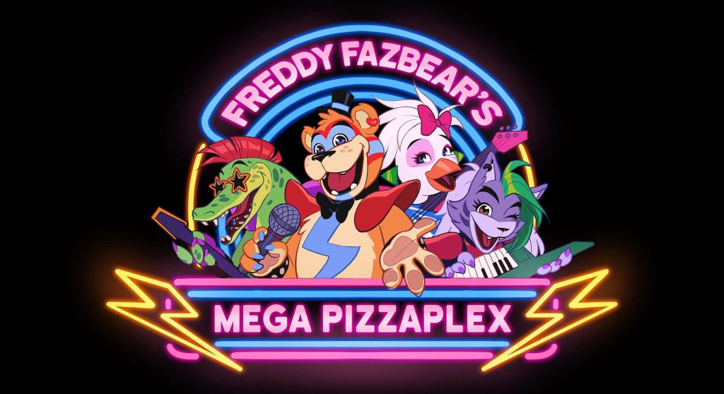 Vibrant Five Nights at Freddy's Security Breach glamrock animatronic band wallpaper with neon logo