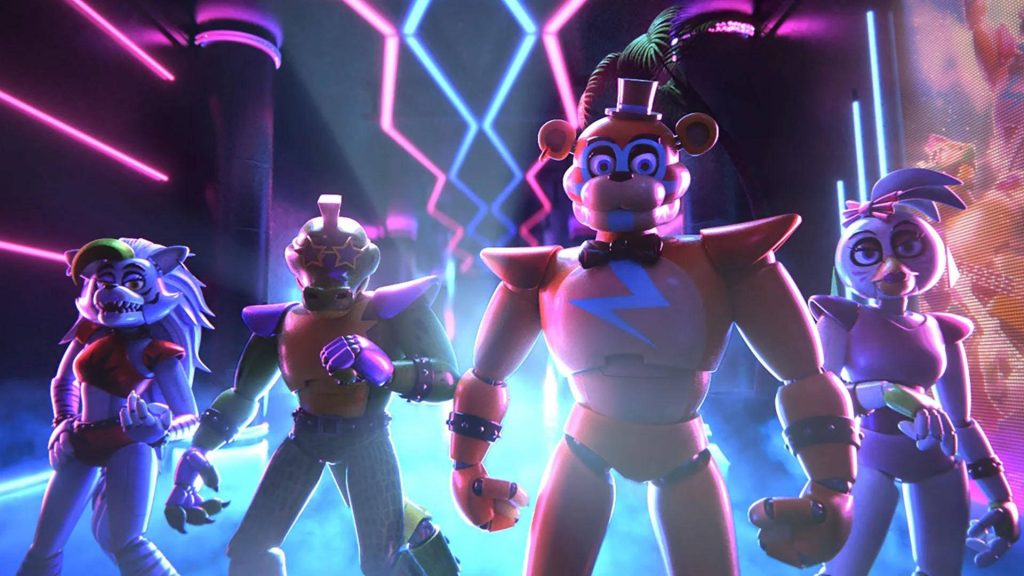 Five Nights at Freddy's Security Breach wallpaper with Glamrock animatronics in neon purple