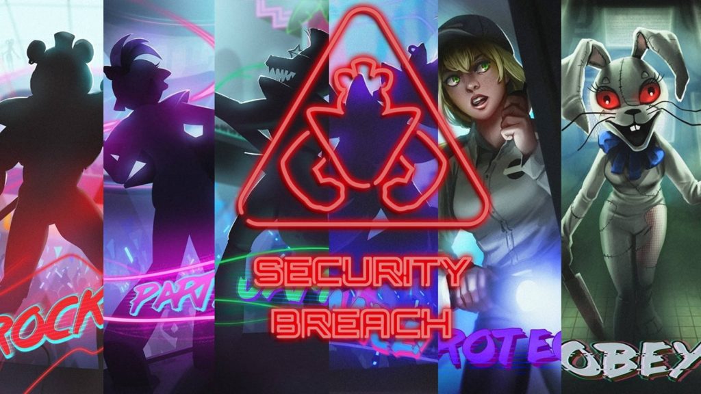 Five Nights at Freddys Security Breach neon collage with Glamrock Freddy Chica Vanessa and Vanny Wallpaper
