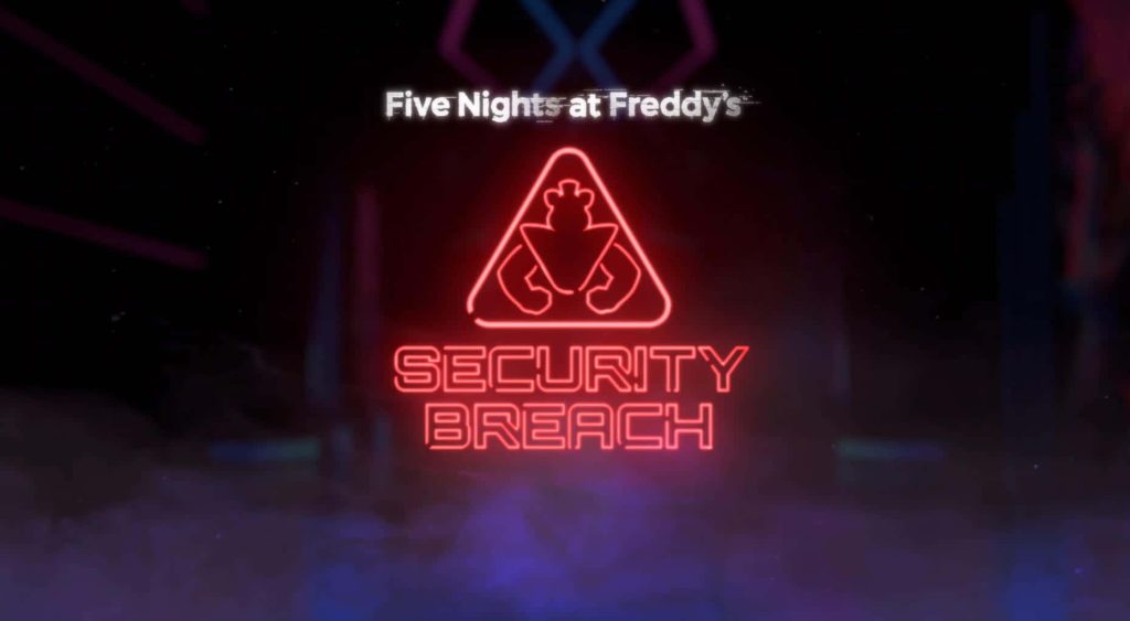 Five Nights at Freddys Security Breach neon logo wallpaper with glowing red Freddy silhouette dark background