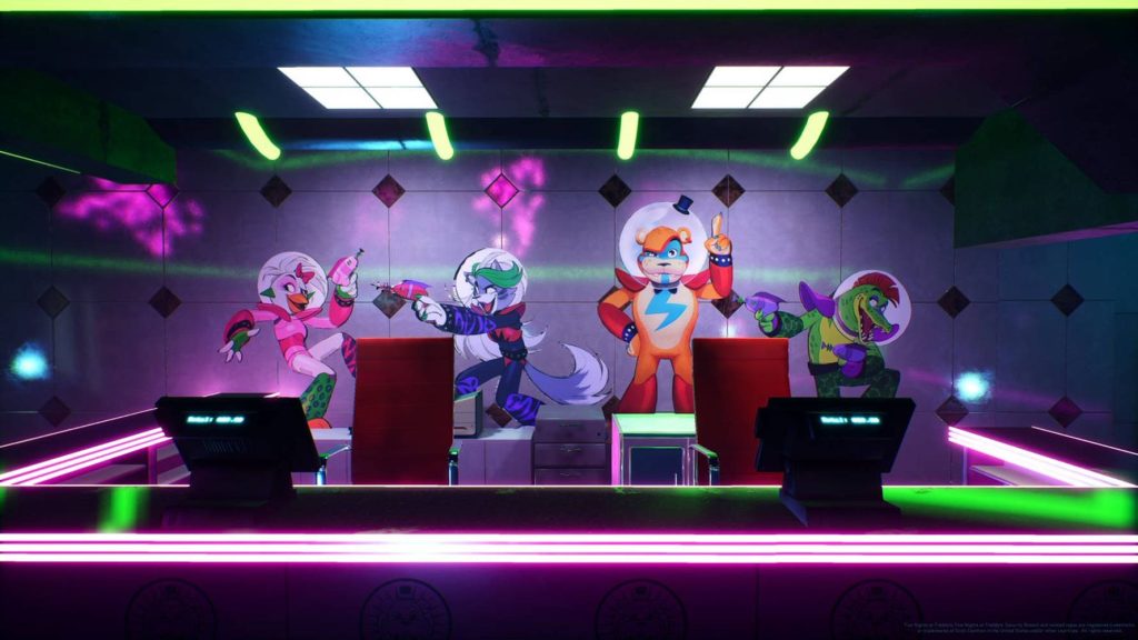 Neon-lit Five Nights at Freddy's Security Breach security room with Glamrock animatronics murals wallpaper