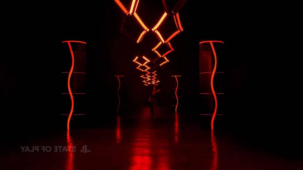 Rabbit-masked figure in dark corridor with glowing red neon lights Five Nights at Freddys wallpaper