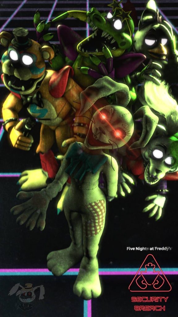 Five Nights at Freddys Security Breach CGI wallpaper Vanny and animatronics neon retro grid background