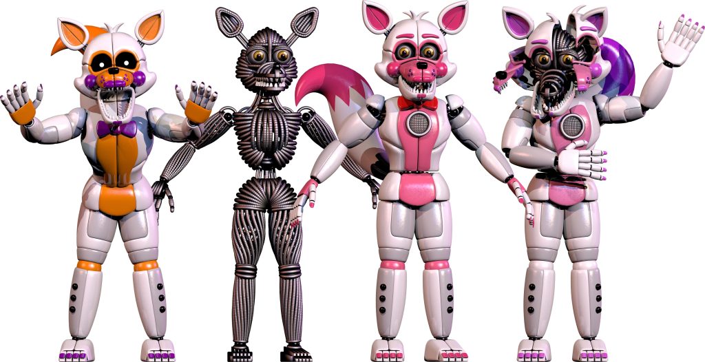 Five Nights at Freddy's Sister Location 3D animatronics Lolbit Yenndo and Funtime Foxy wallpaper