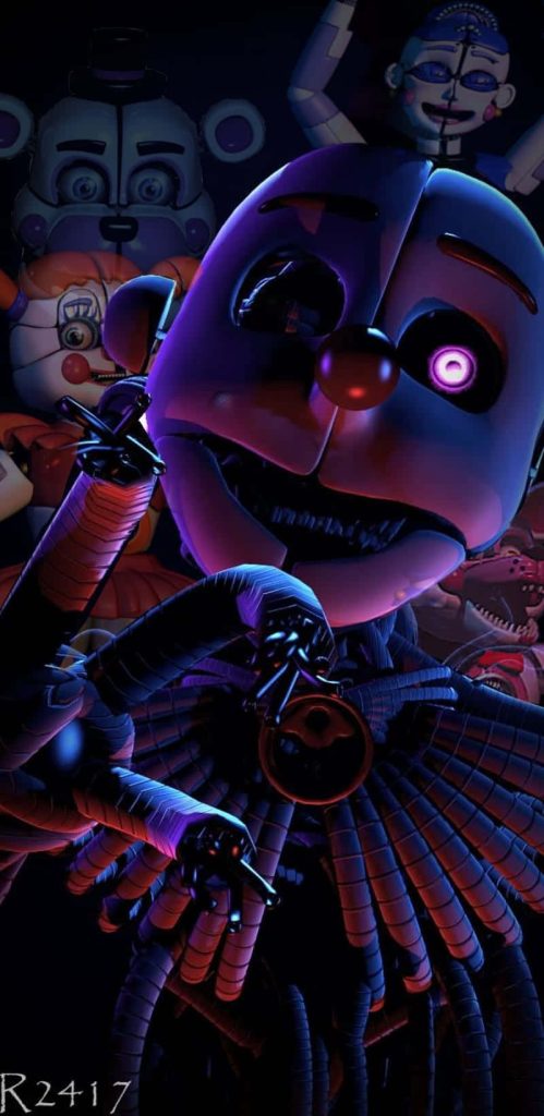 Five Nights at Freddy's Sister Location wallpaper with Ennard and animatronics in eerie lighting