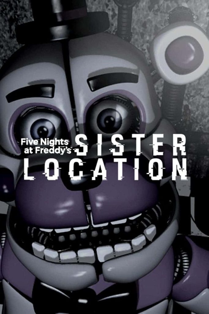 Close-up of menacing Funtime Freddy animatronic in purple white CGI Sister Location wallpaper