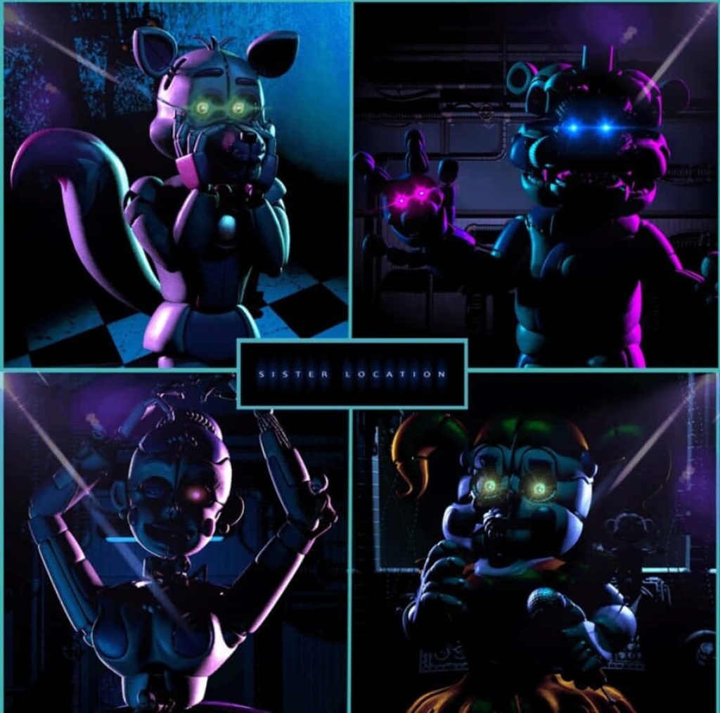 Five Nights at Freddys Sister Location neon animatronics collage with Funtime Foxy Ballora Circus Baby Wallpaper