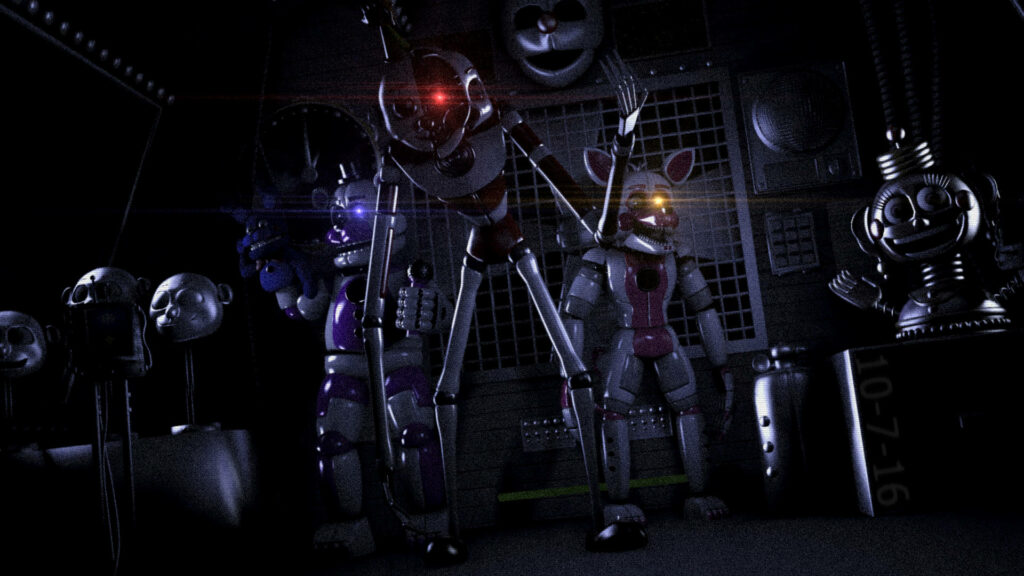 Ennard Circus Baby Funtime Freddy Funtime Foxy Ballora animatronics glowing eyes metallic room wallpaper