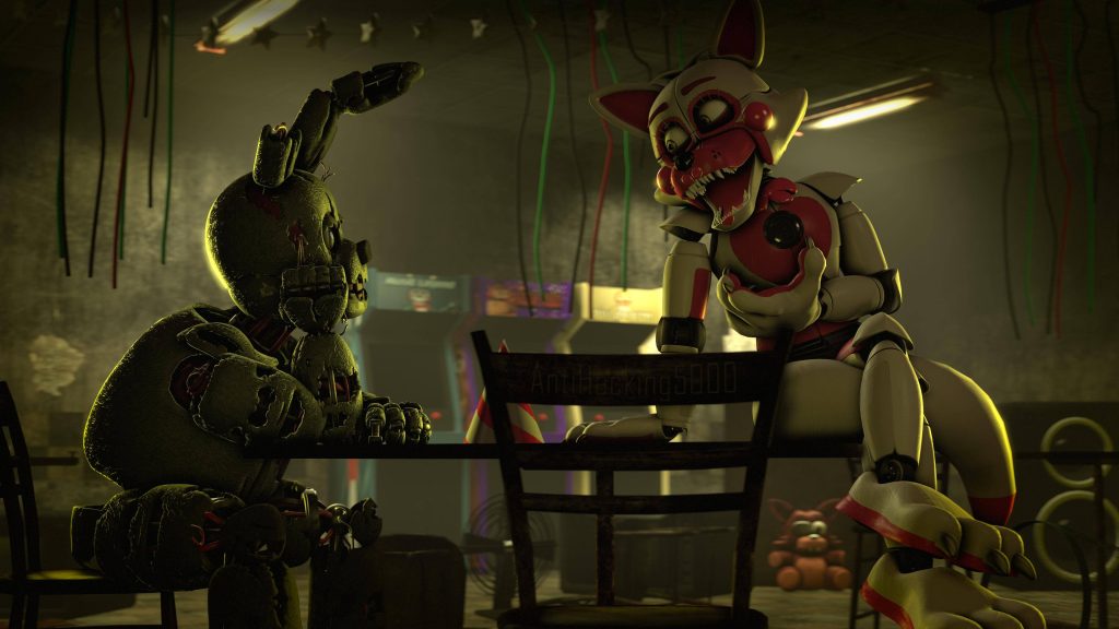 Eerie 3D FNaF wallpaper with Springtrap and Funtime Foxy in a dark abandoned arcade setting